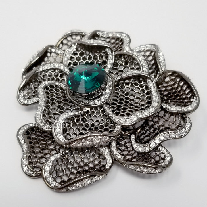 Kenneth Jay Lane KJL Gunmetal & Green Crystal Flower Pin