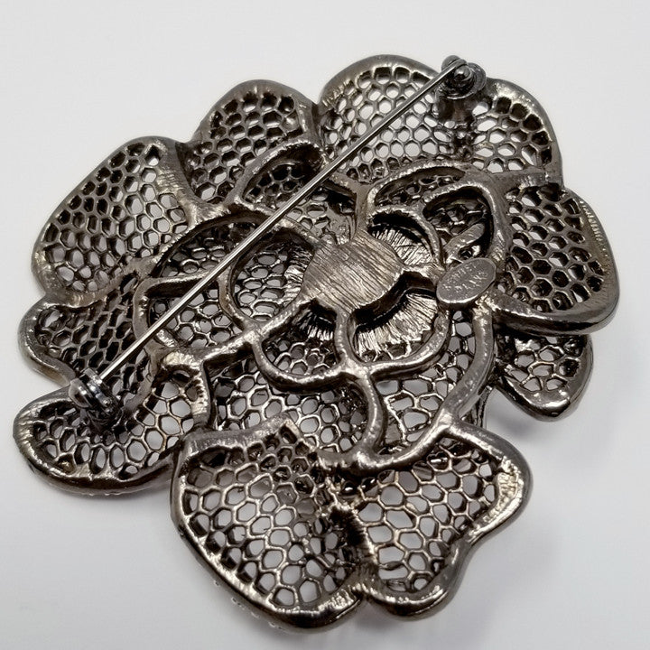 Kenneth Jay Lane KJL Gunmetal & Green Crystal Flower Pin