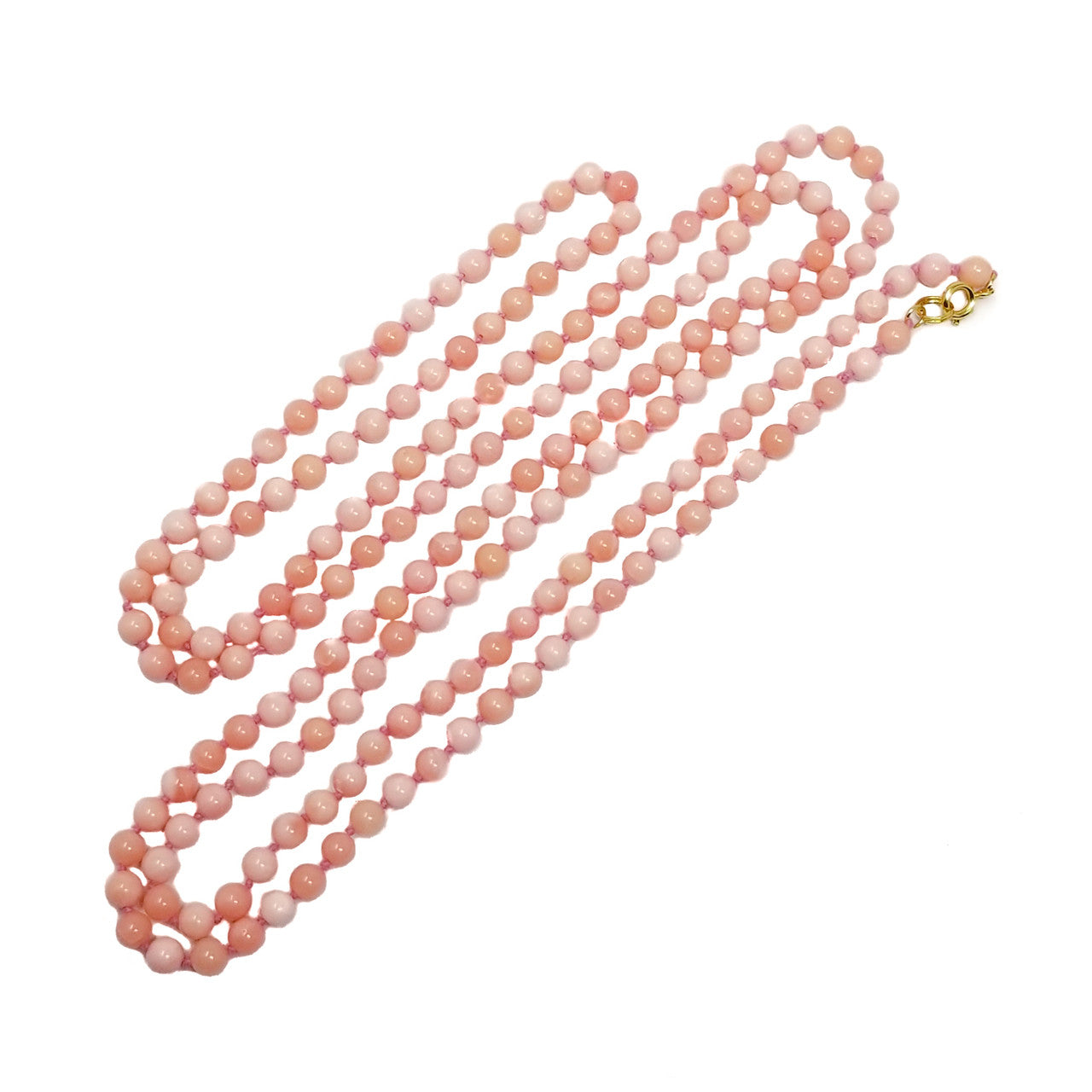 Vintage Handmade Angel Skin Coral Bead Long Rope Necklace w/ Gold Clasp