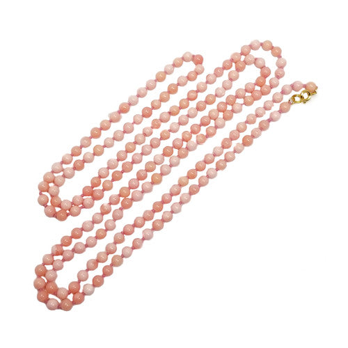 Vintage Handmade Angel Skin Coral Bead Long Rope Necklace w/ Gold Clasp