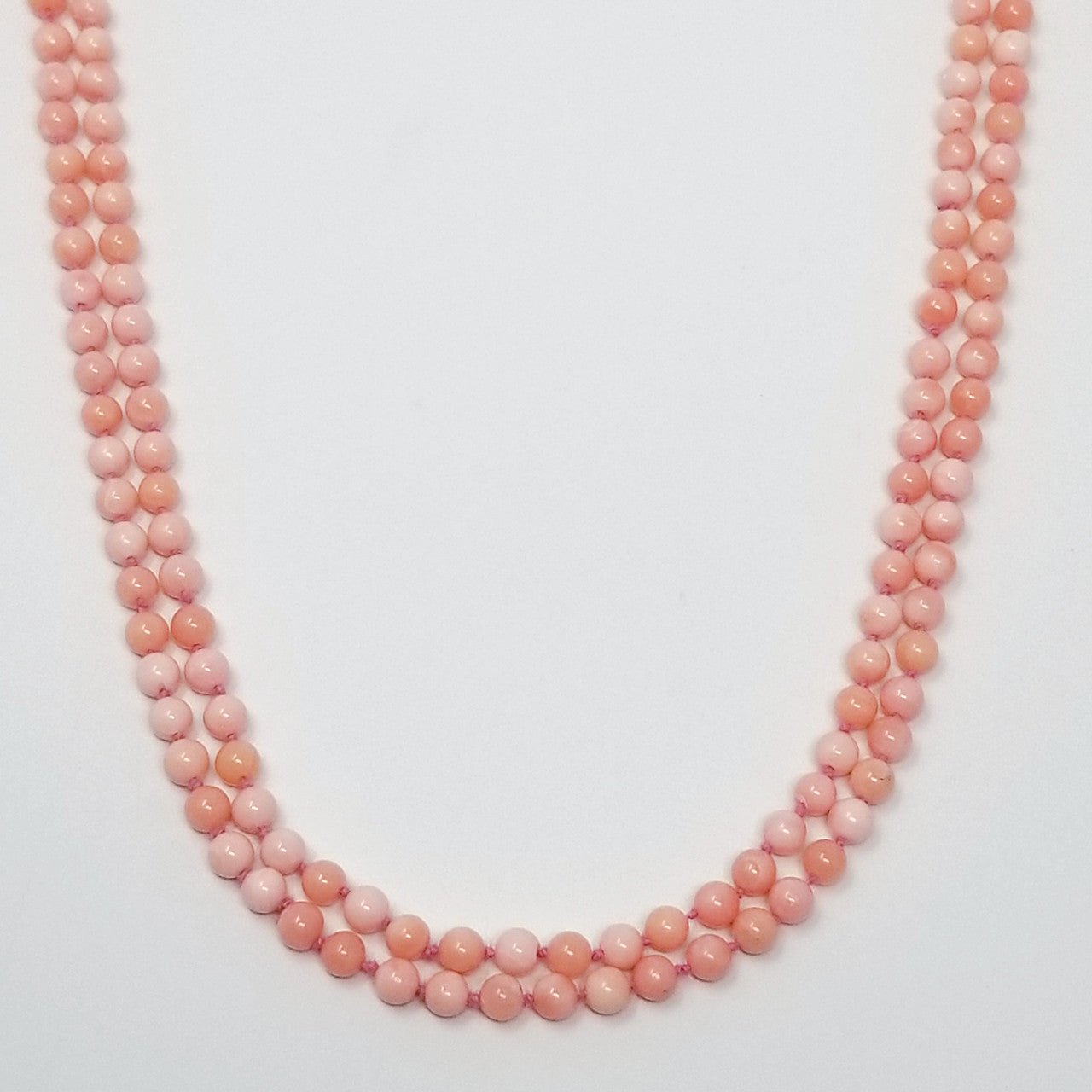 Vintage Handmade Angel Skin Coral Bead Long Rope Necklace w/ Gold Clasp
