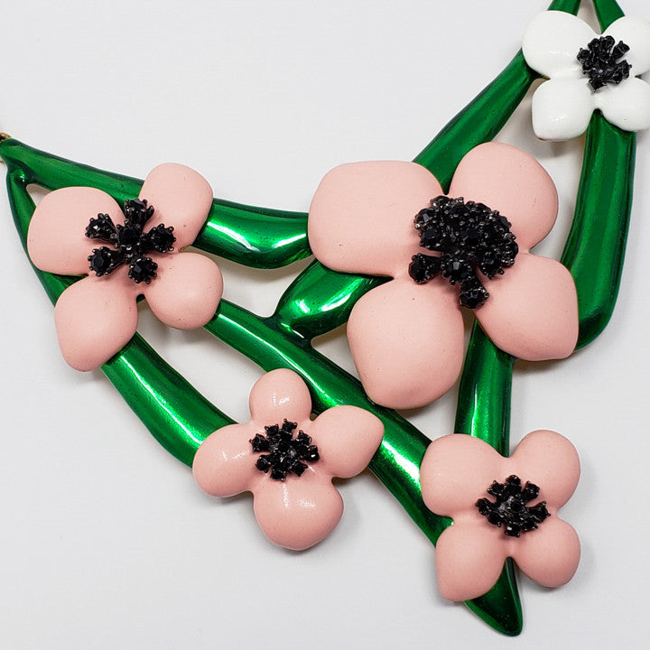 Oscar de la Renta Soft Pink & Green Flower Necklace