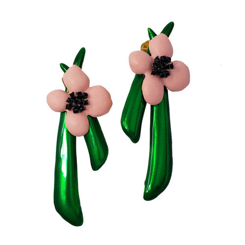 Oscar de la Renta Soft Pink & Green Flower Clip On Earrings
