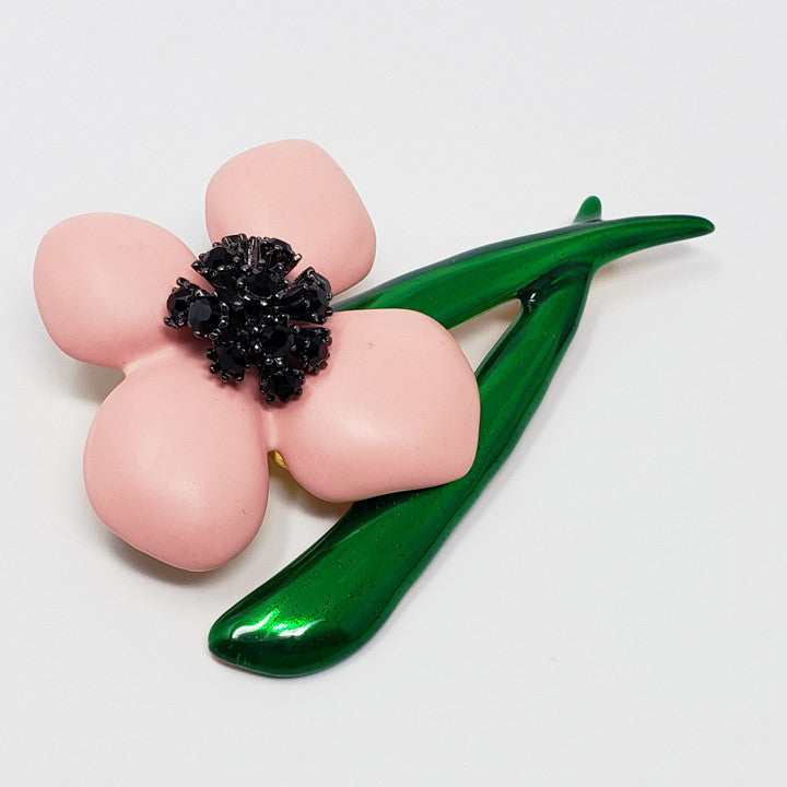 Oscar de la Renta Soft Pink & Green Flower Brooch
