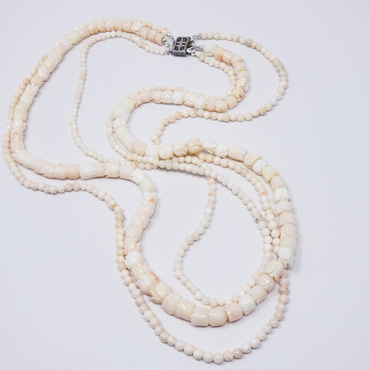 Vintage Angel Skin Coral Carved Flower Beads Triple Strand Necklace