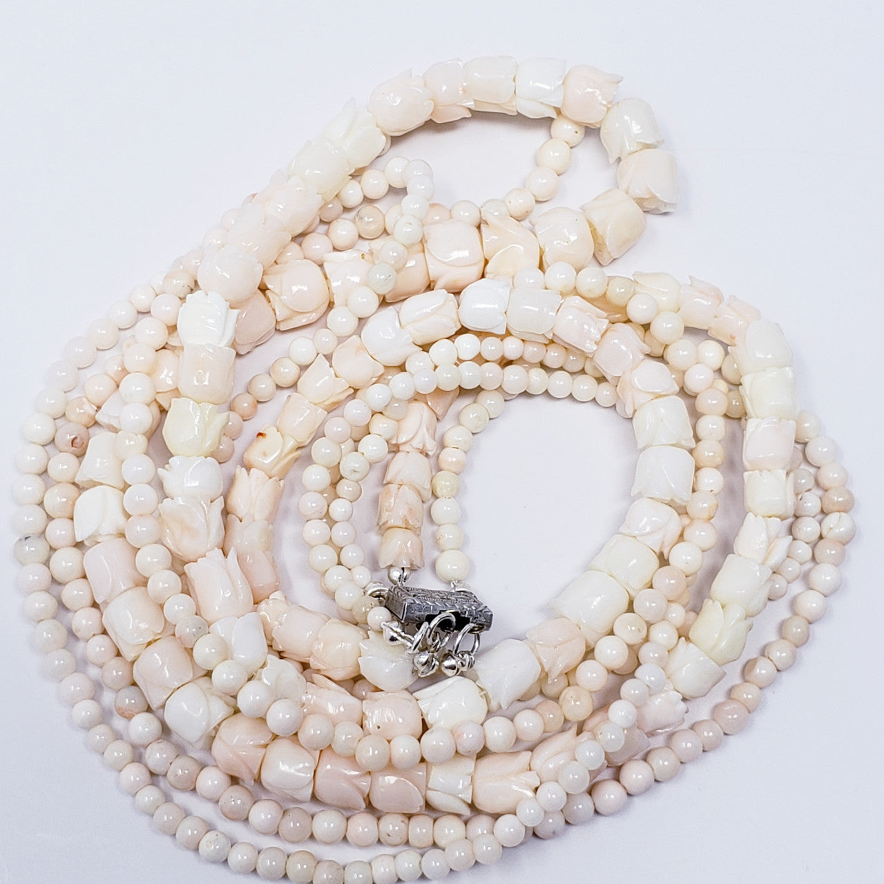Vintage Angel Skin Coral Carved Flower Beads Triple Strand Necklace