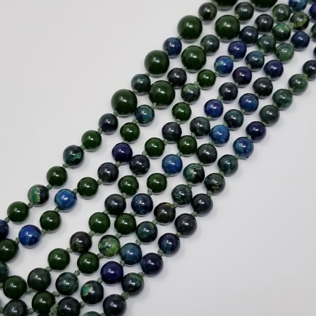 Dark Green & Blue Marbled Bakelite 59" Long Alternating Bead Necklace