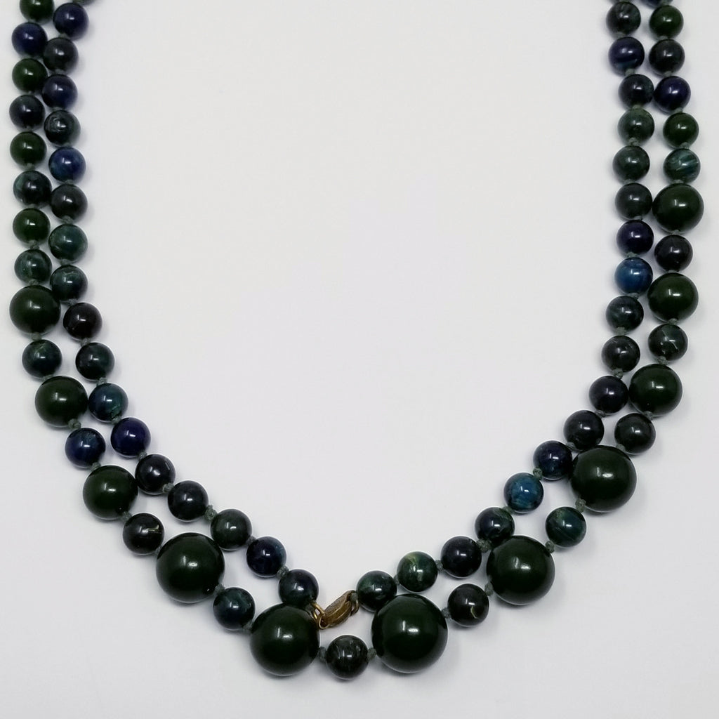 Dark Green & Blue Marbled Bakelite 59" Long Alternating Bead Necklace