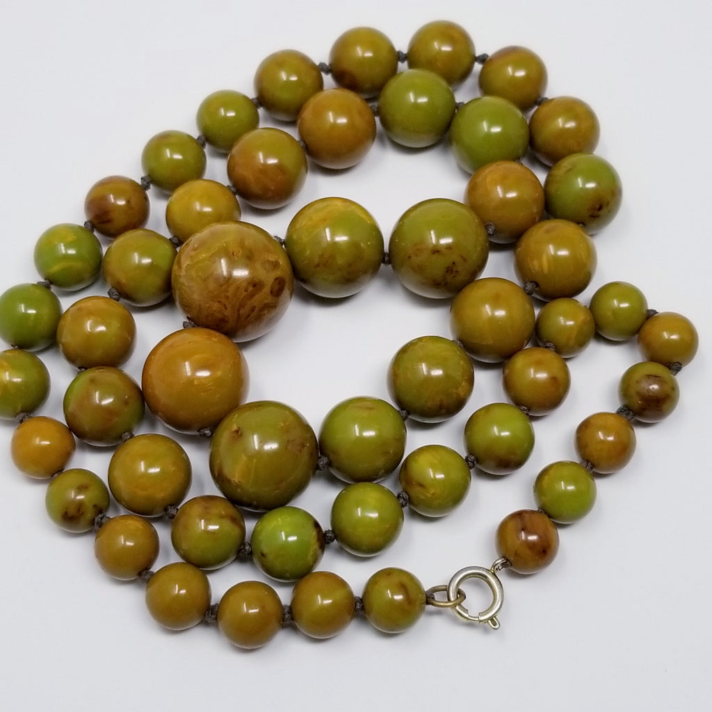 Apple Green Marbled Bakelite 29" Graduated Bead Necklace
