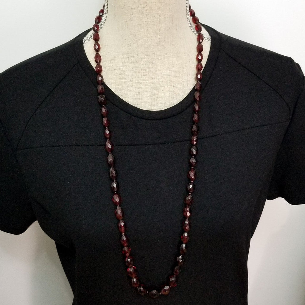 Red Cherry Amber Bakelite 35" Faceted Graduated Bead Necklace