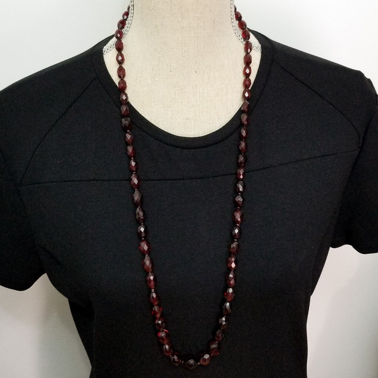 Red Cherry Amber Bakelite 35" Faceted Graduated Bead Necklace