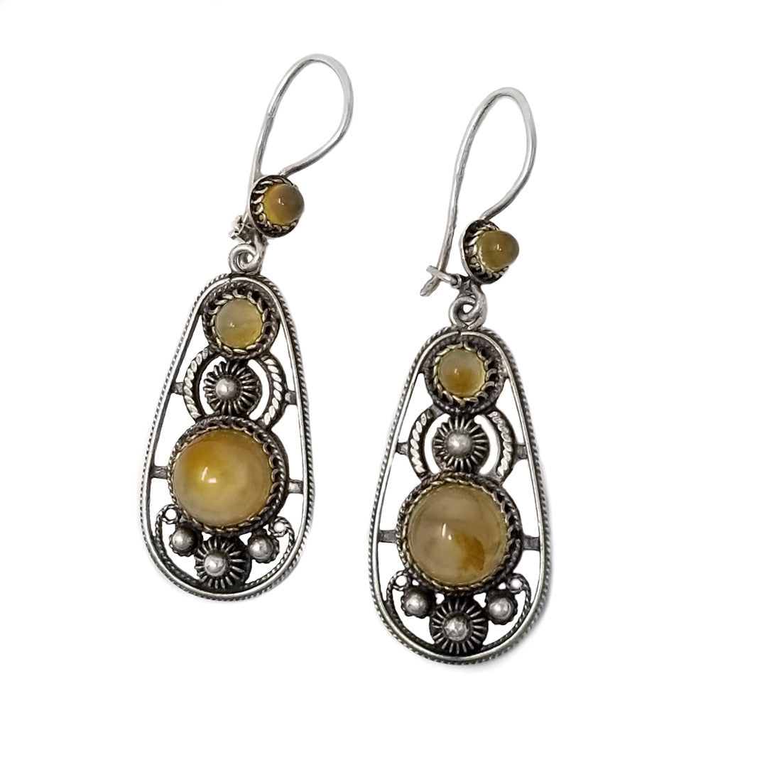 Antique Russian USSR Soviet Era Hallmark Dangling Silver Earrings With Natural Gemstones