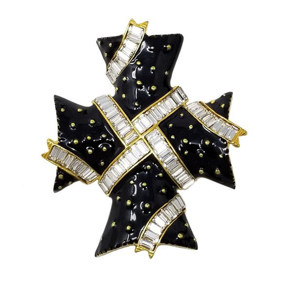 Kenneth Jay Lane KJL Art Deco Style Crystal & Enamel Embellished Maltese Cross