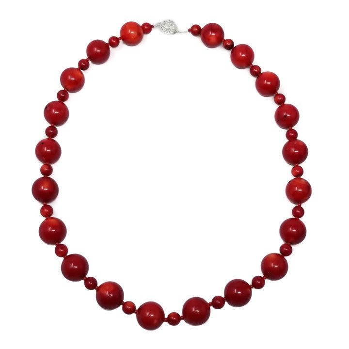 Vintage Italian 17mm Oxblood Natural Red Coral Necklace w/ Sterling Silver Clasp