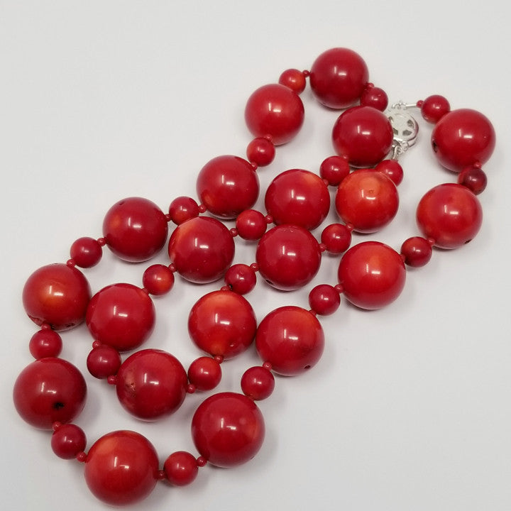 Vintage Italian 17mm Oxblood Natural Red Coral Necklace w/ Sterling Silver Clasp