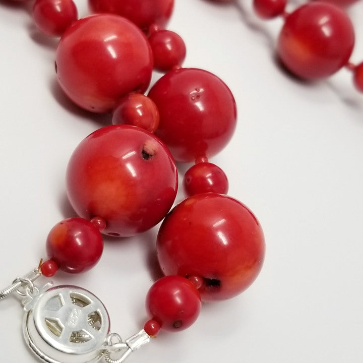 Vintage Italian 17mm Oxblood Natural Red Coral Necklace w/ Sterling Silver Clasp