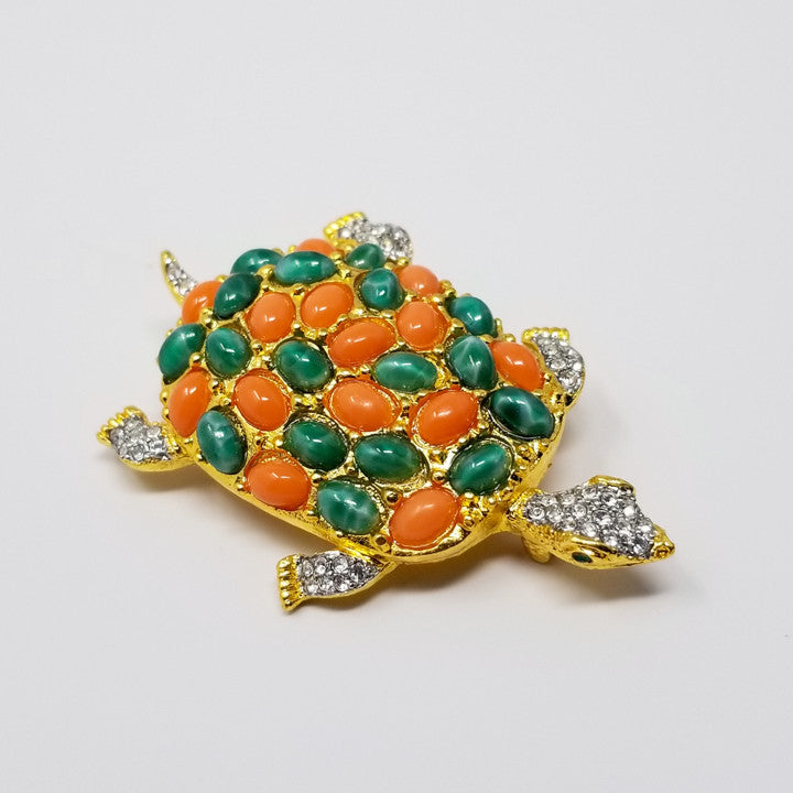 Kenneth Jay Lane KJL Cabochon & Crystal Turtle Brooch Pin in Gold
