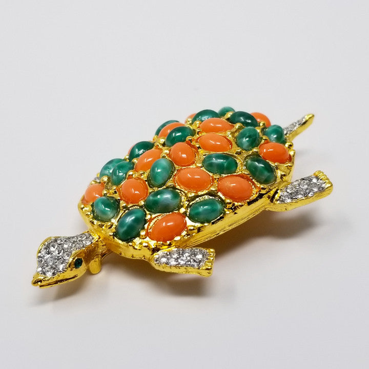 Kenneth Jay Lane KJL Cabochon & Crystal Turtle Brooch Pin in Gold