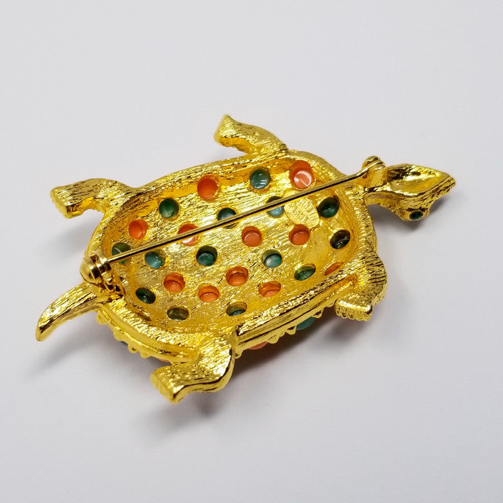 Kenneth Jay Lane KJL Cabochon & Crystal Turtle Brooch Pin in Gold
