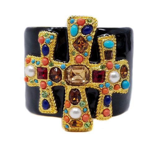 Kenneth Jay Lane KJL Stylized Maltese Cross Bracelet w/ Crystals & Black Enamel