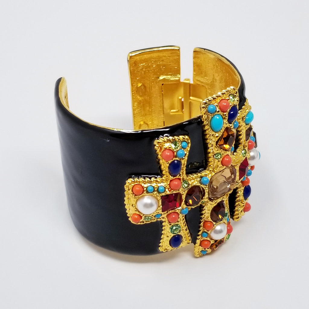 Kenneth Jay Lane KJL Stylized Maltese Cross Bracelet w/ Crystals & Black Enamel