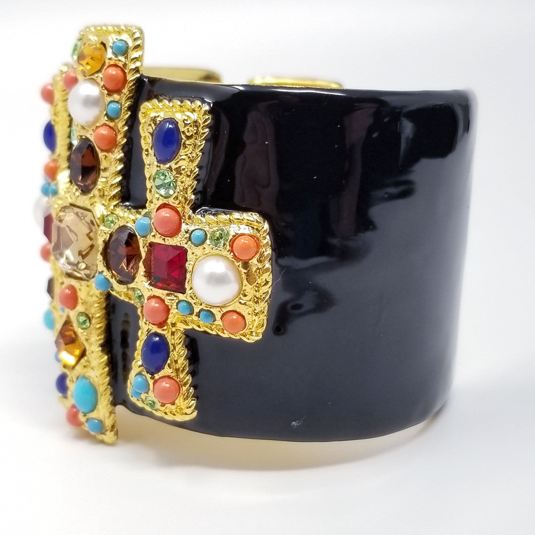 Kenneth Jay Lane KJL Stylized Maltese Cross Bracelet w/ Crystals & Black Enamel