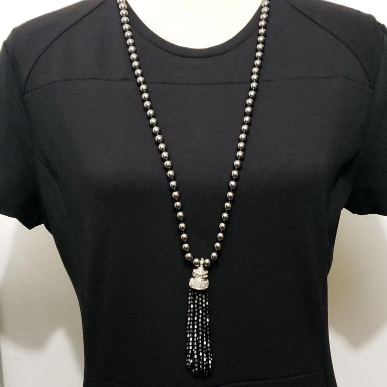Oscar de la Renta Dark Metallic Bead and Black & Clear Crystal Tassel Necklace