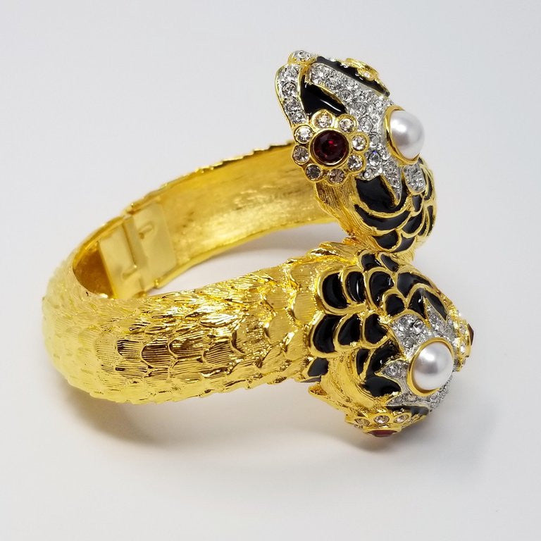 KJLKenneth Jay Lane Double Sea Serpent Crystal Enamel Faux Pearl Gold Bracelet
