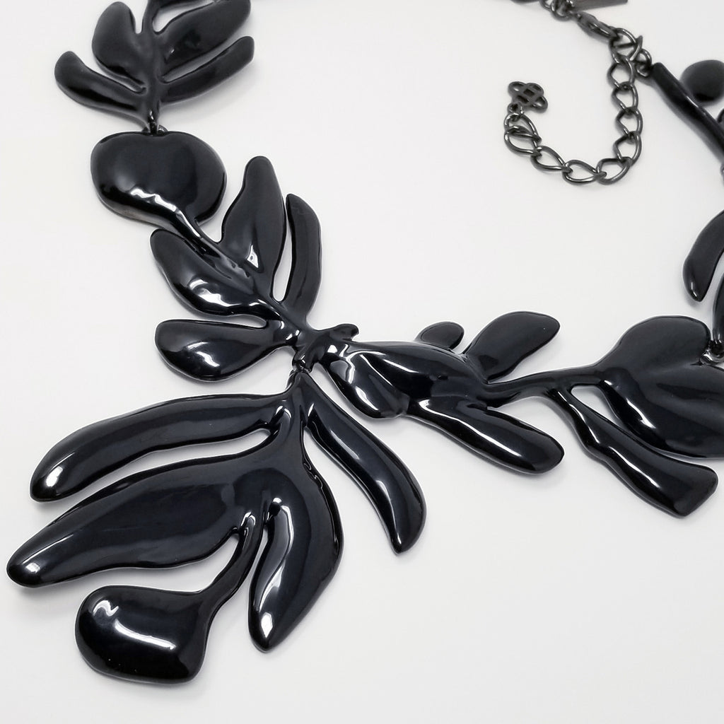 Oscar de la Renta Large Black Enamel Flower Statement Drop Necklace
