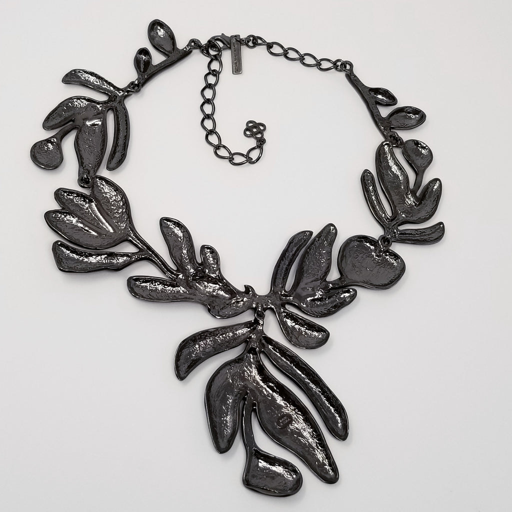 Oscar de la Renta Large Black Enamel Flower Statement Drop Necklace