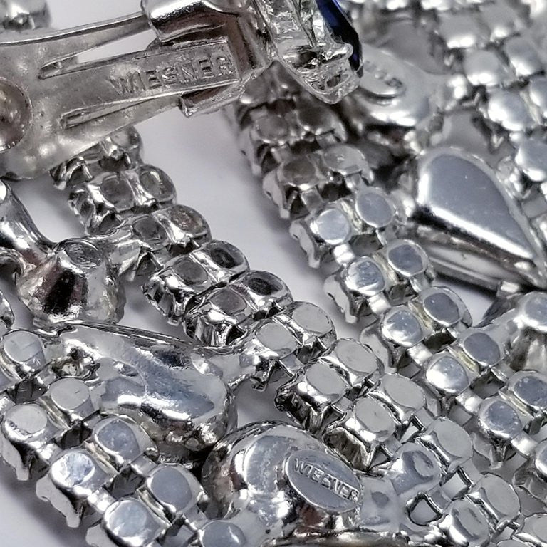 Vintage Signed Joseph Wiesner Parure With Clear and Sapphire Crystals in Silver