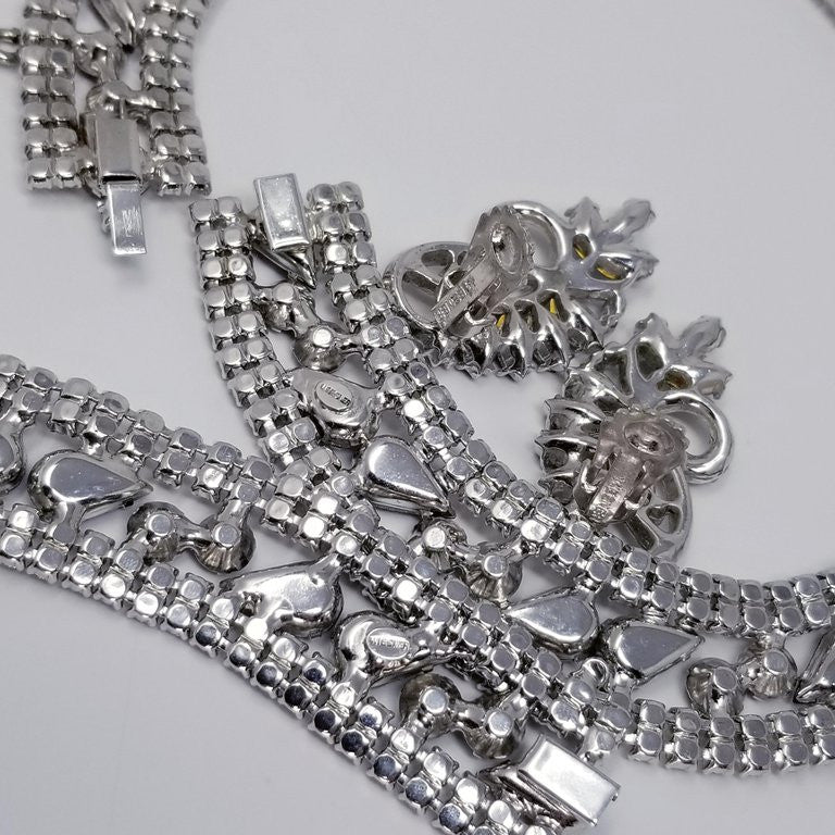 Vintage Signed Joseph Wiesner Parure With Clear and Sapphire Crystals in Silver