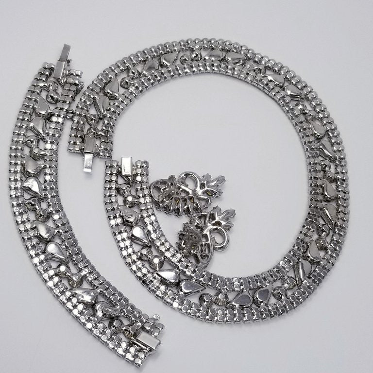 Vintage Signed Joseph Wiesner Parure With Clear and Sapphire Crystals in Silver