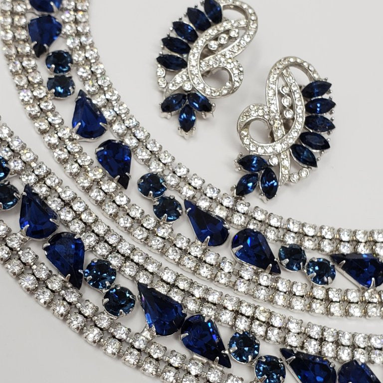Vintage Signed Joseph Wiesner Parure With Clear and Sapphire Crystals in Silver
