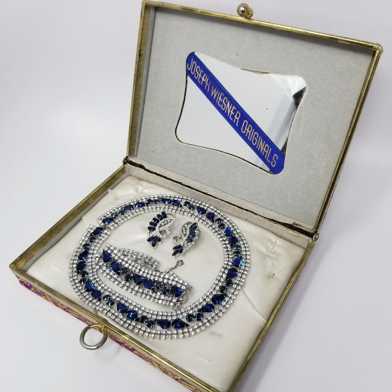 Vintage Signed Joseph Wiesner Parure With Clear and Sapphire Crystals in Silver