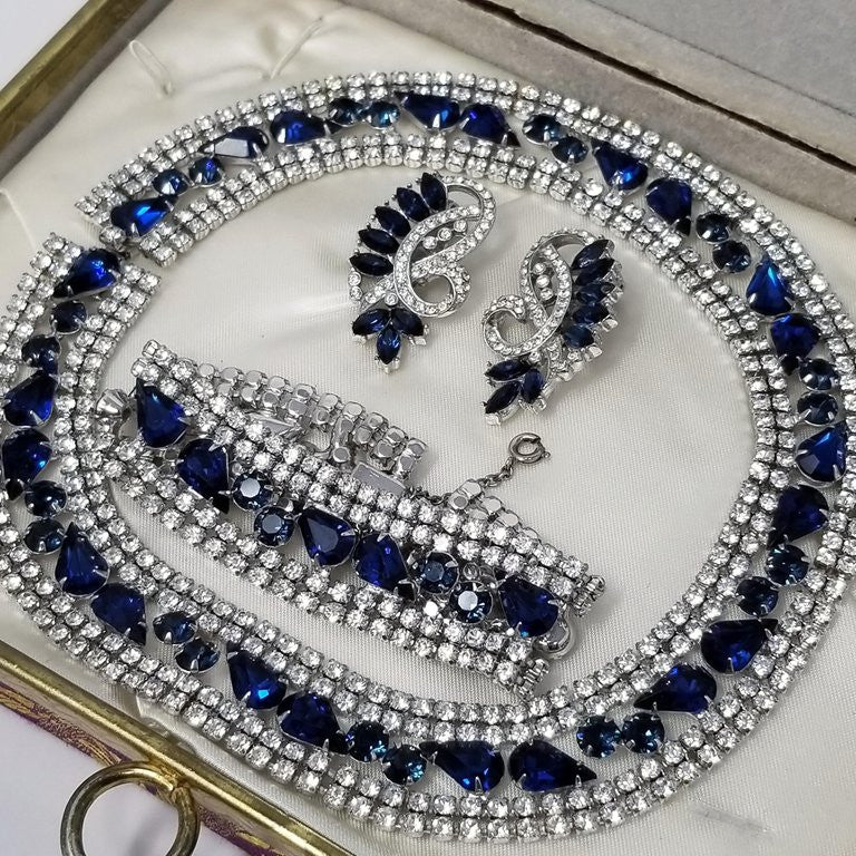 Vintage Signed Joseph Wiesner Parure With Clear and Sapphire Crystals in Silver