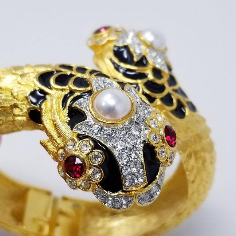 KJLKenneth Jay Lane Double Sea Serpent Crystal Enamel Faux Pearl Gold Bracelet