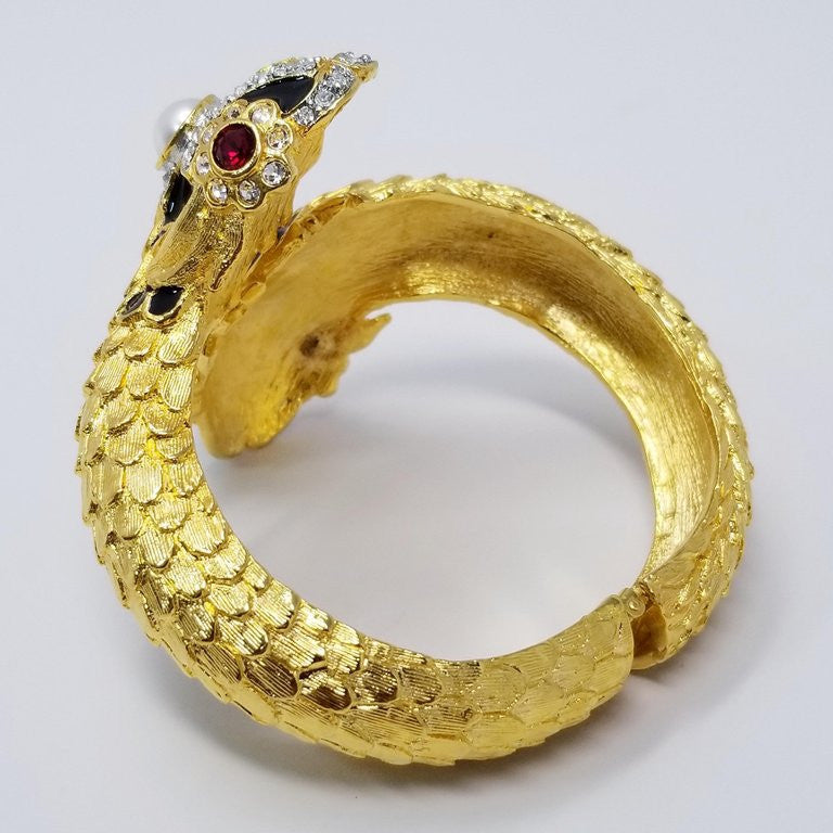 KJLKenneth Jay Lane Double Sea Serpent Crystal Enamel Faux Pearl Gold Bracelet