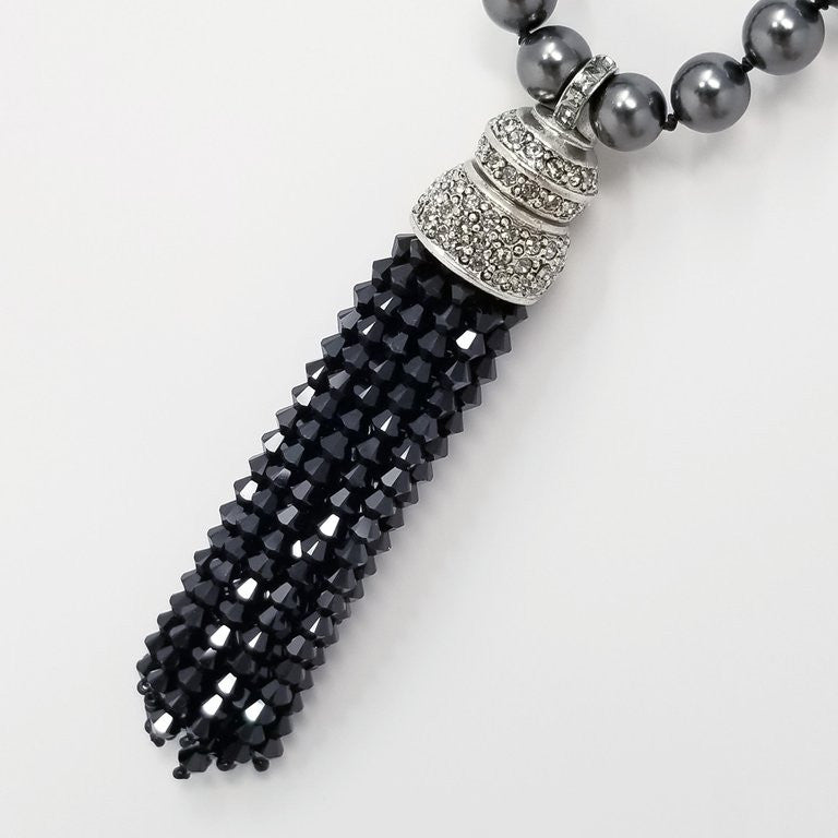 Oscar de la Renta Dark Metallic Bead and Black & Clear Crystal Tassel Necklace