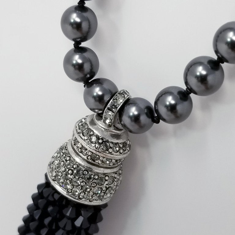 Oscar de la Renta Dark Metallic Bead and Black & Clear Crystal Tassel Necklace
