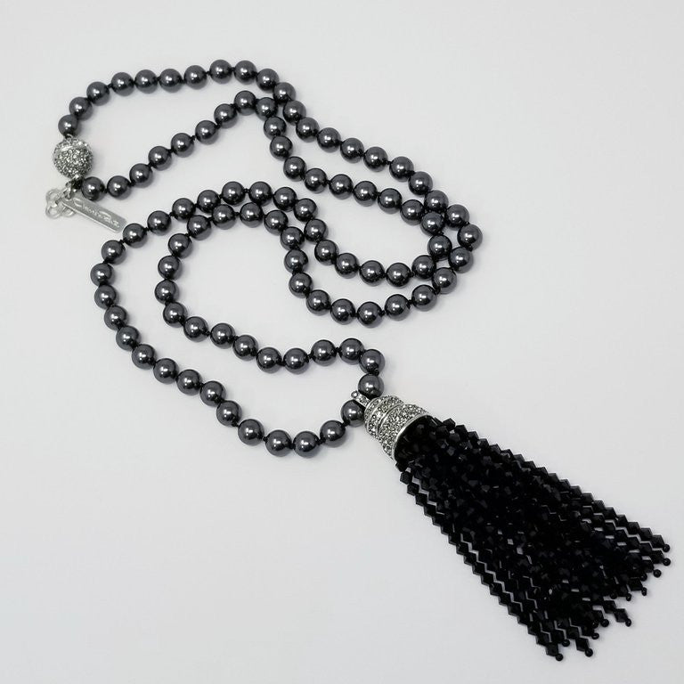 Oscar de la Renta Dark Metallic Bead and Black & Clear Crystal Tassel Necklace