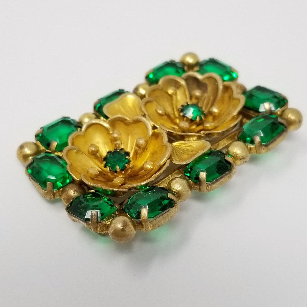 Vintage Czechoslovakia Signed Floral Rectangular Brooch with Green Crystals in Gold Tone