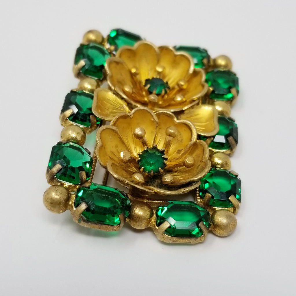 Vintage Czechoslovakia Signed Floral Rectangular Brooch with Green Crystals in Gold Tone