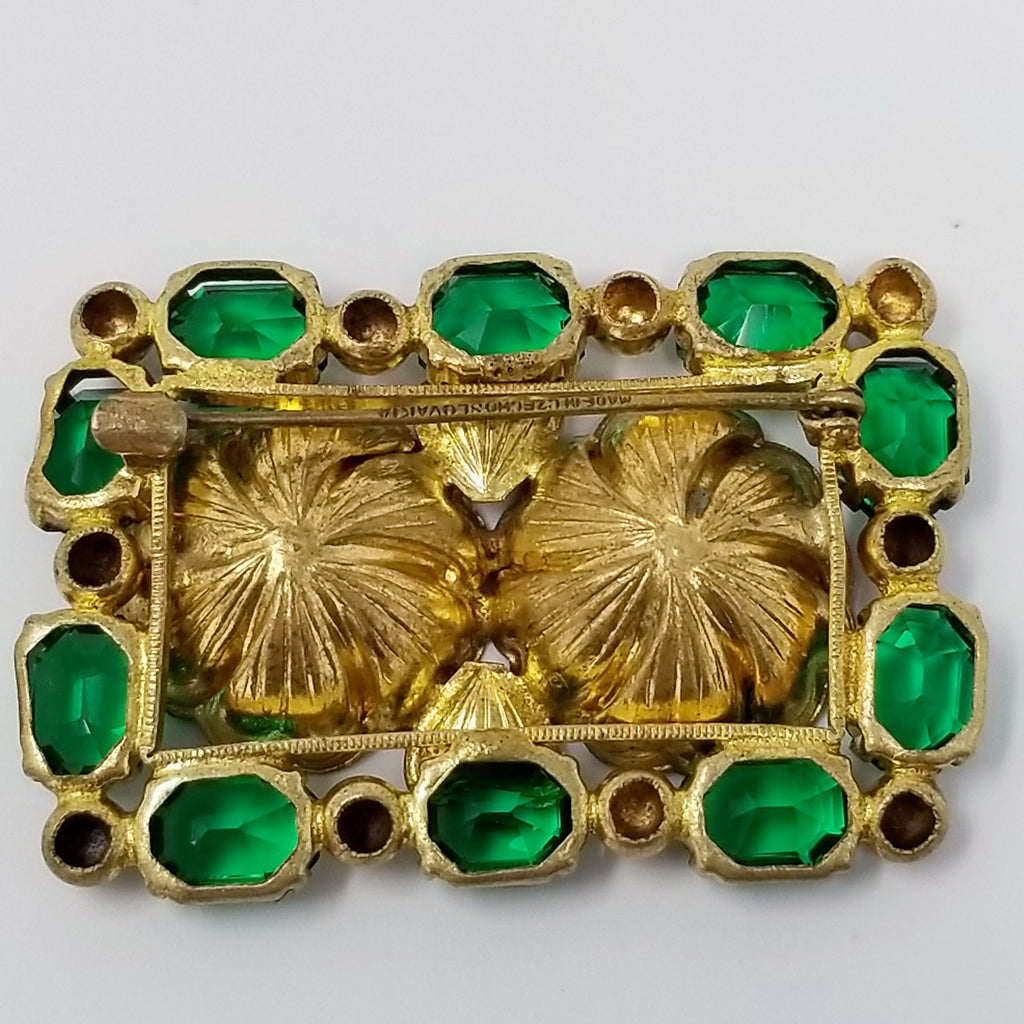 Vintage Czechoslovakia Signed Floral Rectangular Brooch with Green Crystals in Gold Tone