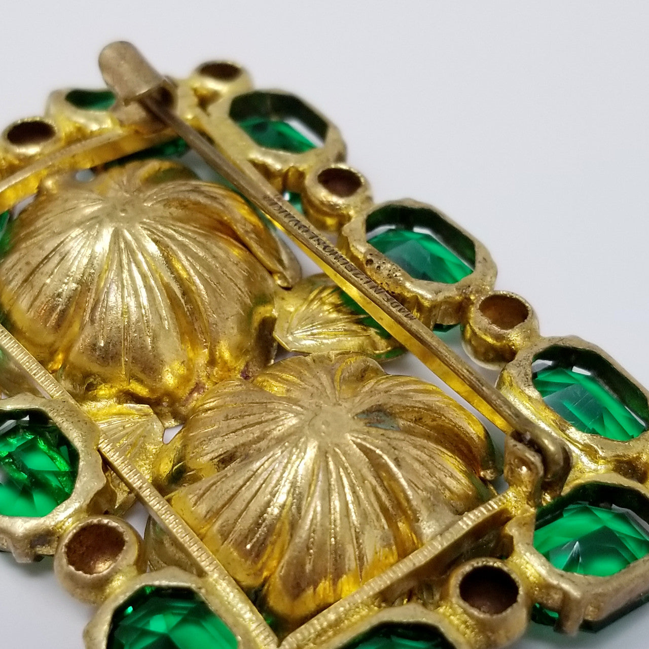 Vintage Czechoslovakia Signed Floral Rectangular Brooch with Green Crystals in Gold Tone