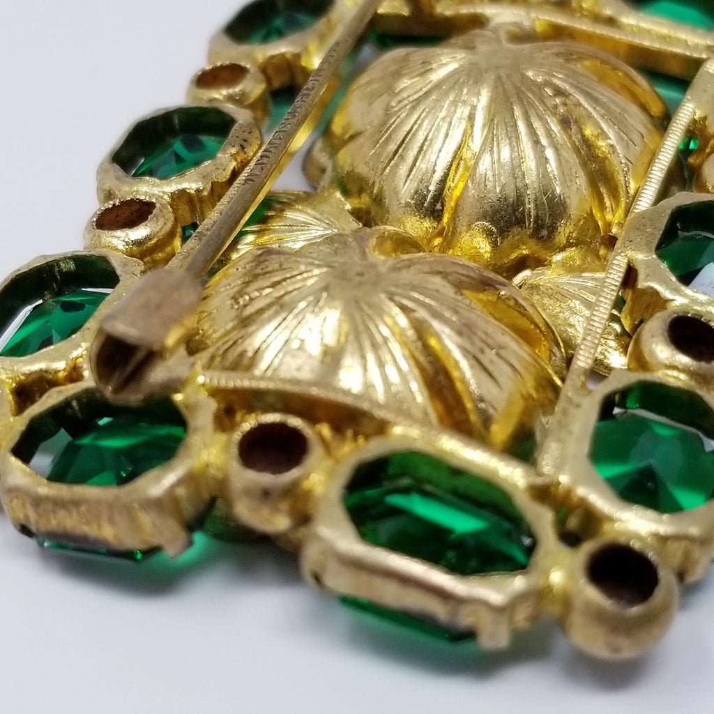 Vintage Czechoslovakia Signed Floral Rectangular Brooch with Green Crystals in Gold Tone