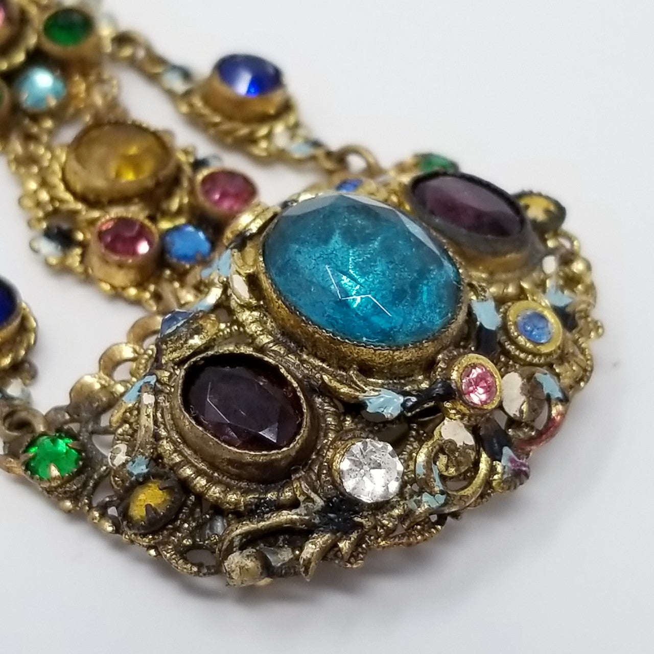 Vintage Czech Dangling Ornate Brooch with Crystals and Floral Enameling in Gold Tone