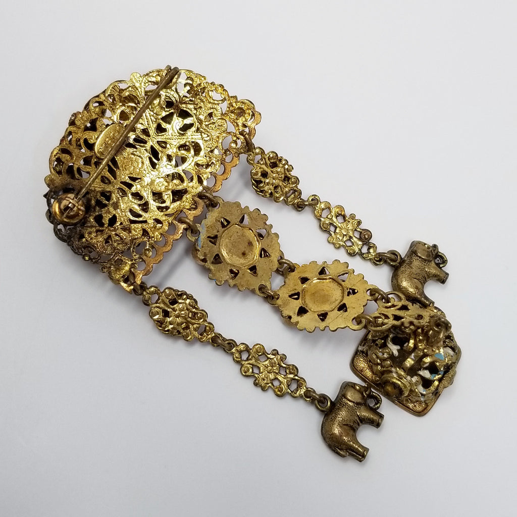Vintage Czech Dangling Ornate Brooch with Crystals and Floral Enameling in Gold Tone