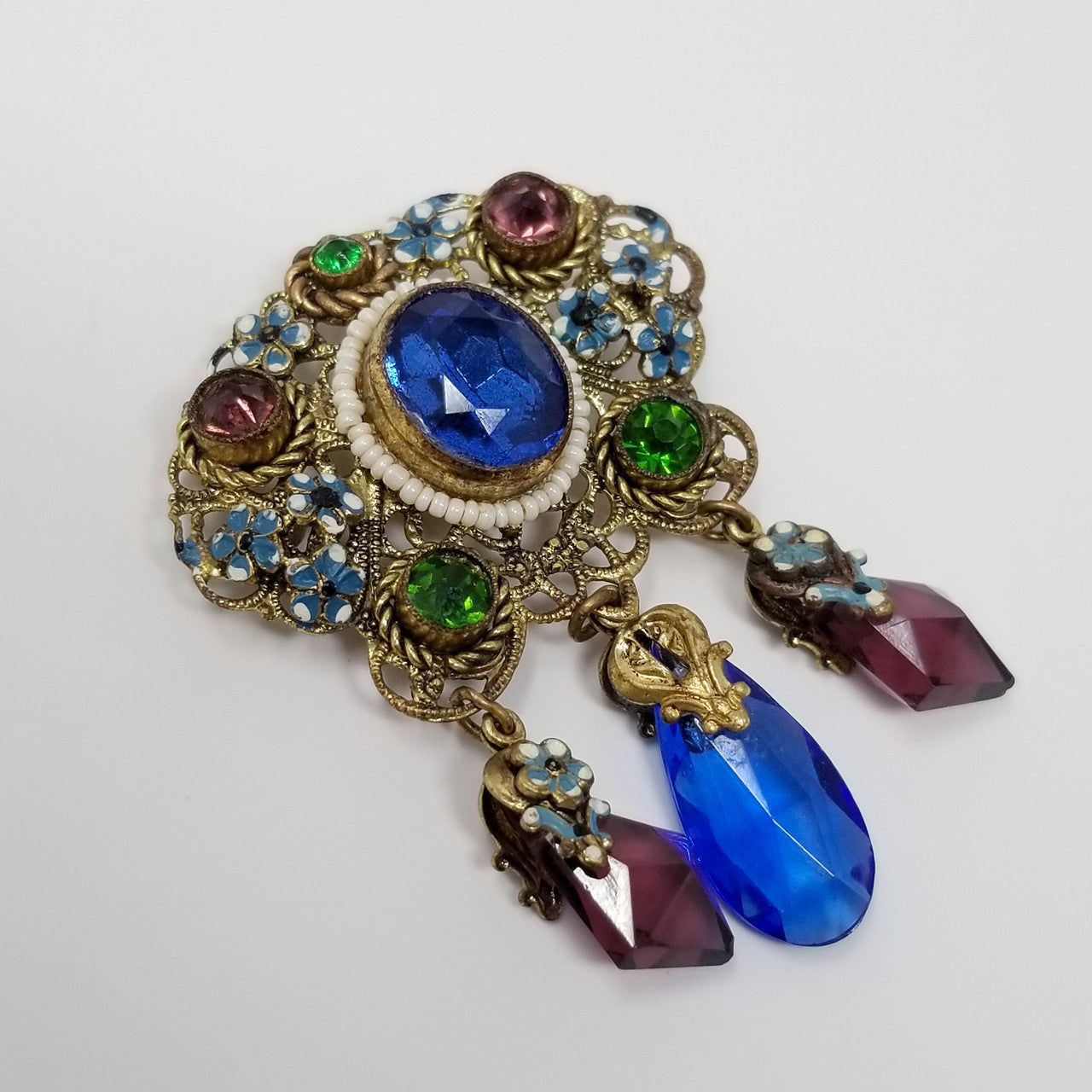 Vintage Czech Dangling Ornate Brooch with Crystals Floral Enamel and Faux Pearls