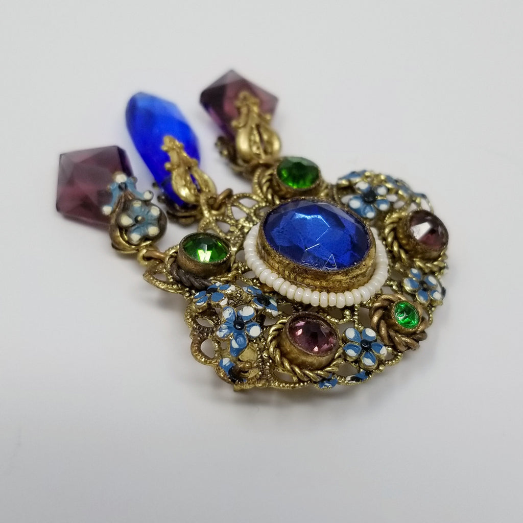 Vintage Czech Dangling Ornate Brooch with Crystals Floral Enamel and Faux Pearls